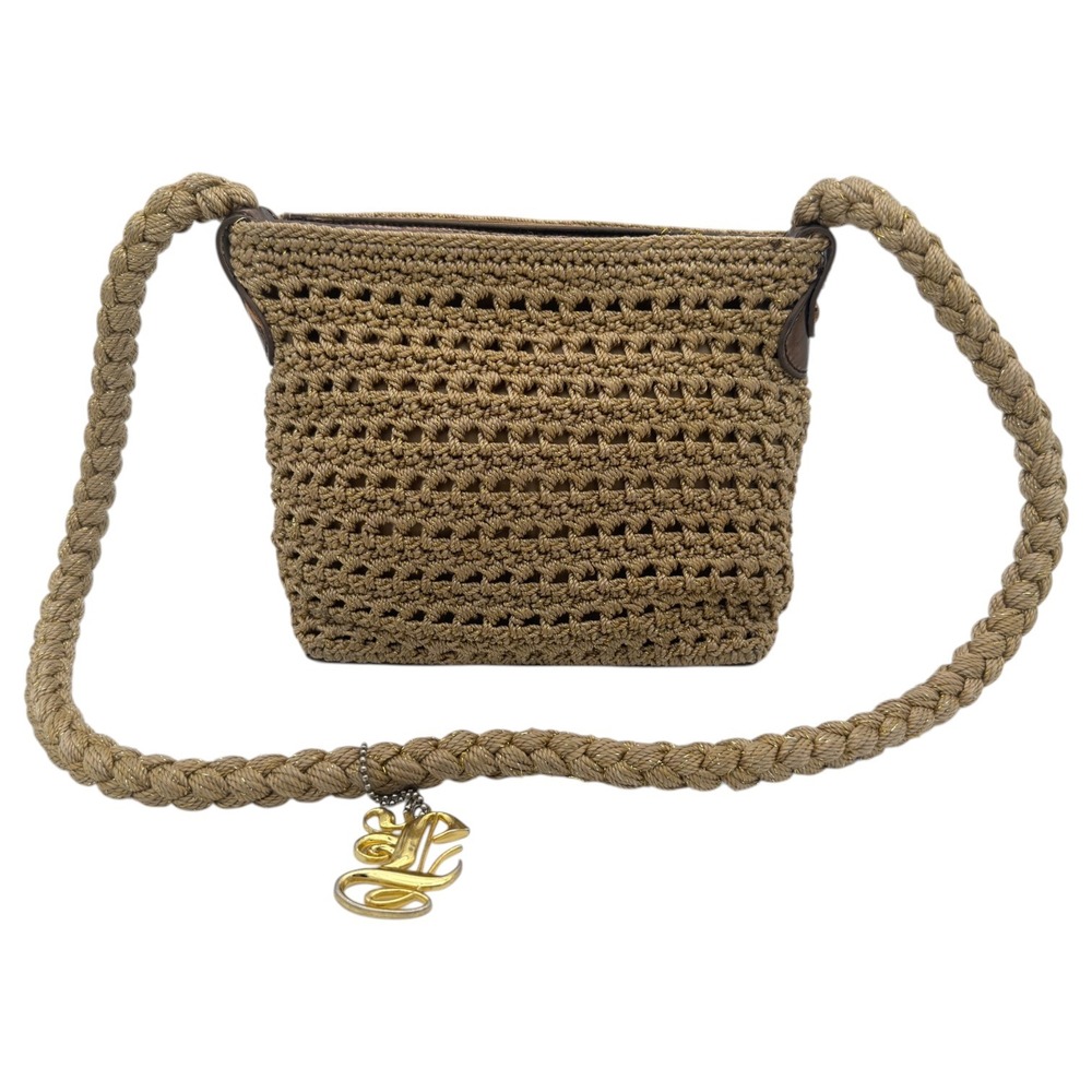 Luxy Crochet Woven Crossbody Bag Tan‎ Gold Metallic Braided Strap Boho Y2K